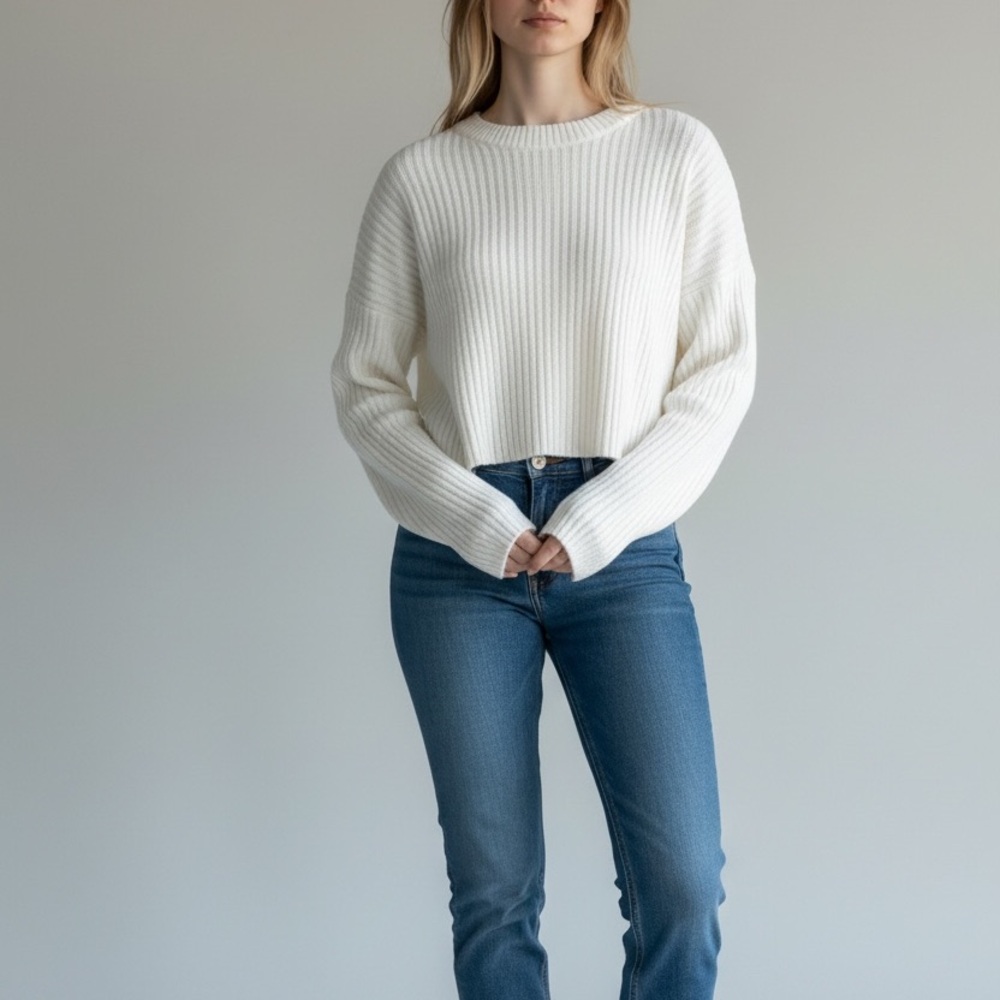 Forever 21 Ribbed White Knit Cropped Sweater